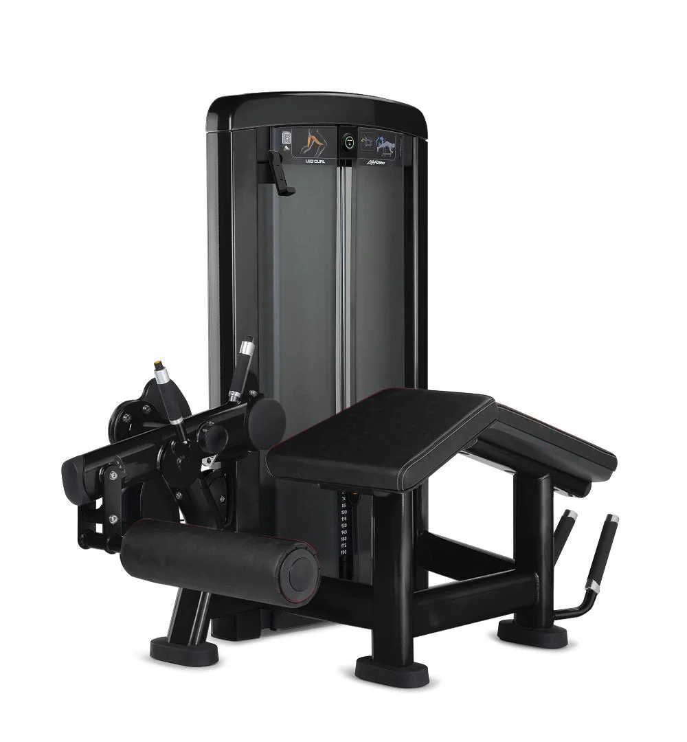 Life Fitness Insignia Series Leg Curl selectorized strength machine, charcoal frame with black upholstery