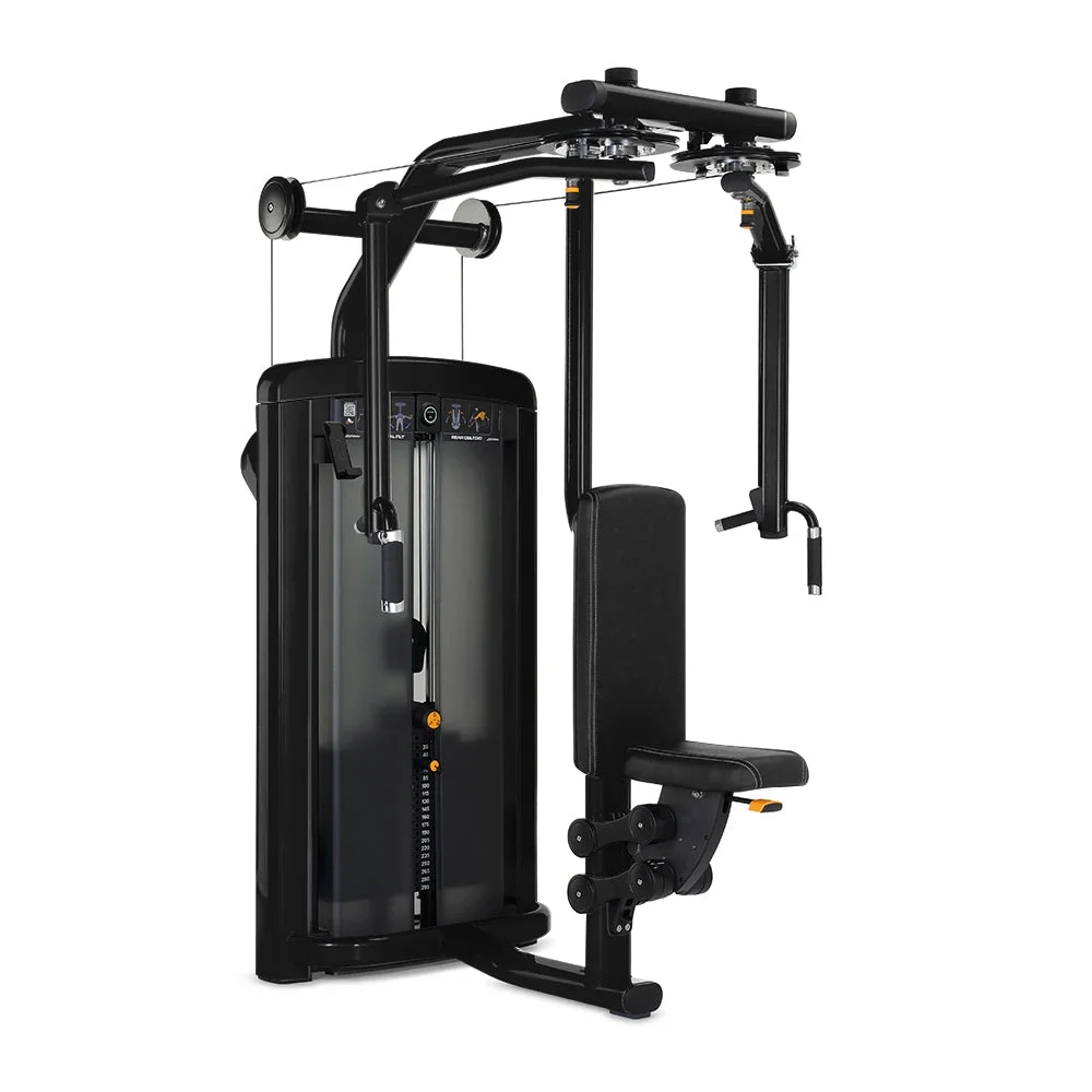 Life Fitness Insignia Series Pectoral Fly/Rear Deltoid selectorized strength machine, charcoal frame with black upholstery