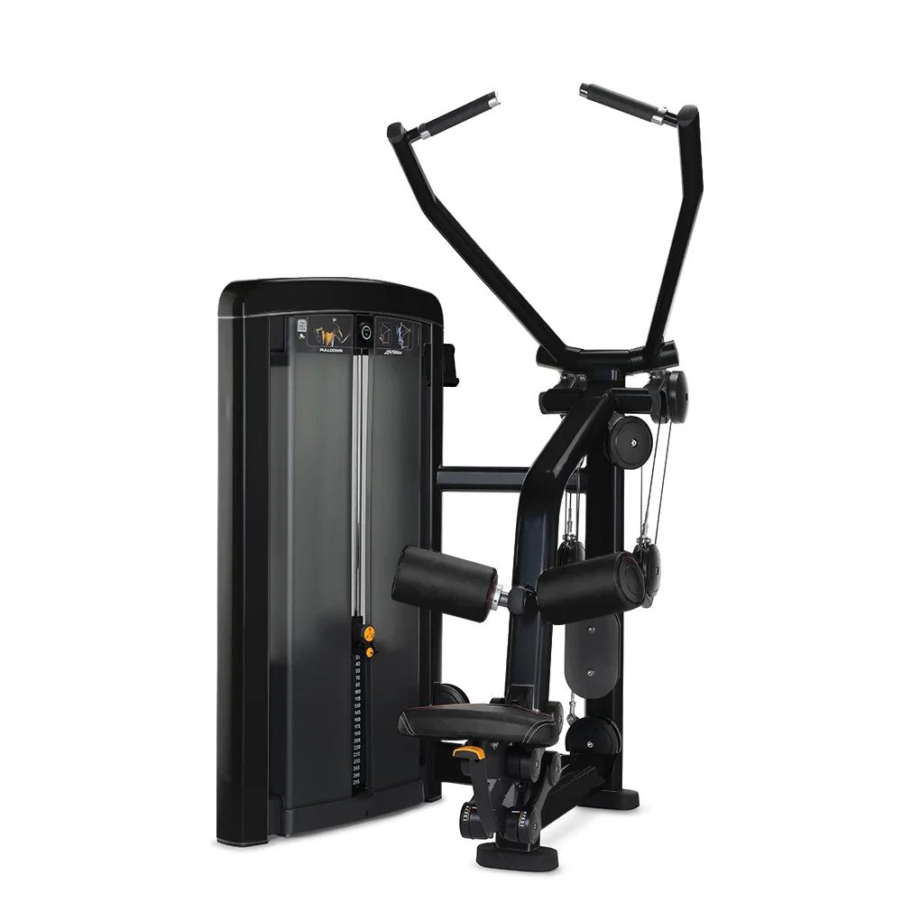 Life Fitness Insignia Series Pulldown selectorized strength machine, charcoal frame with black upholstery