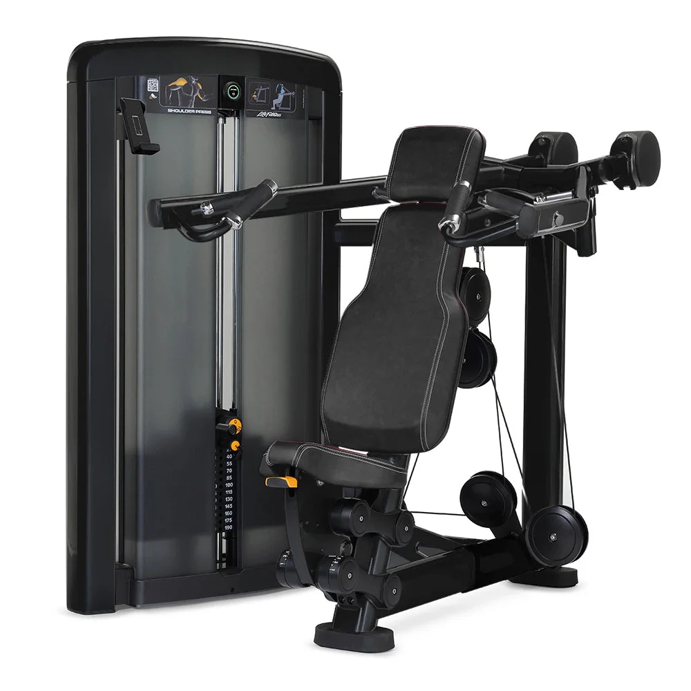 Life Fitness Insignia Series Shoulder Press selectorized strength machine, charcoal frame with black upholstery