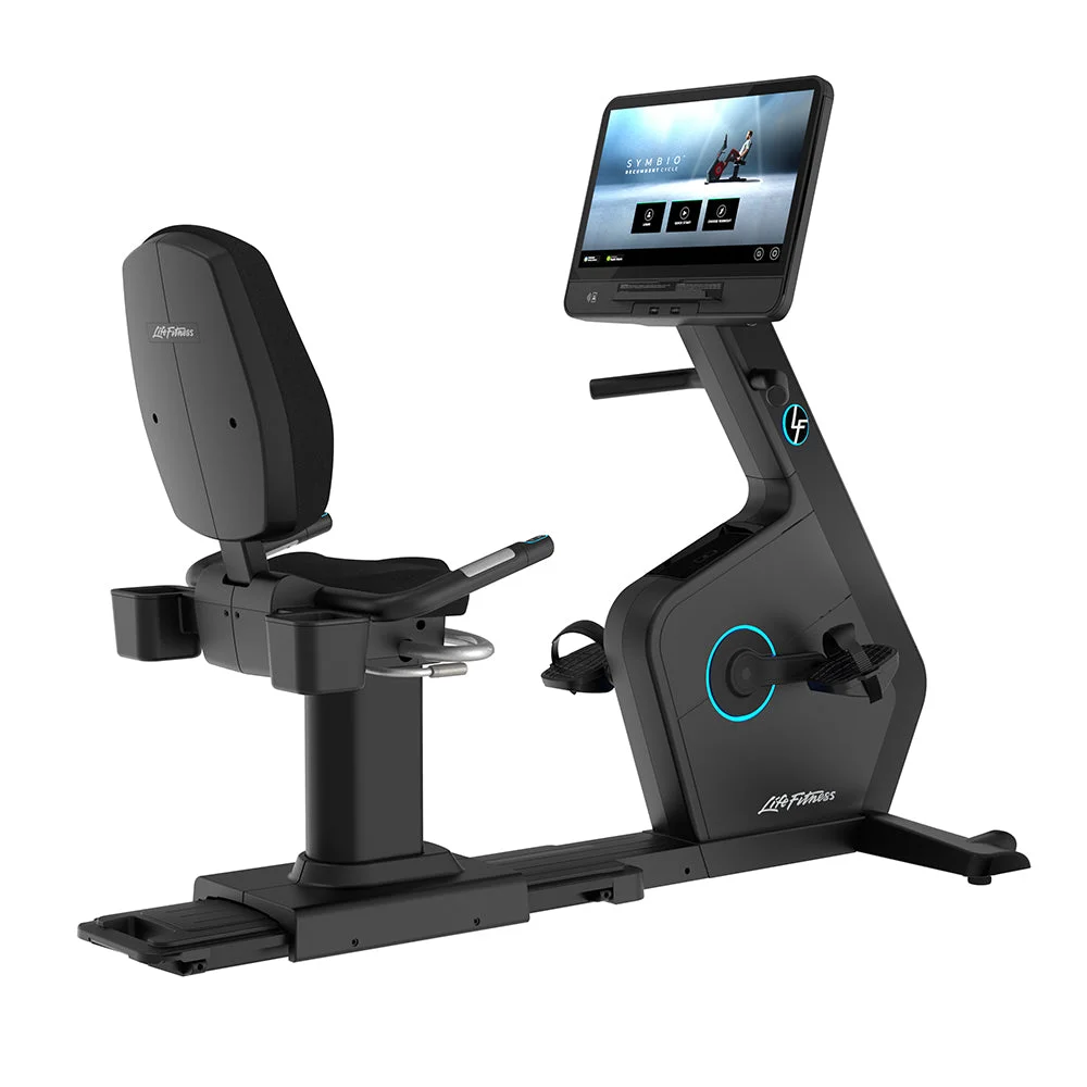 Life Fitness Symbio Recumbent Cycle home edition with step-through frame, side view
