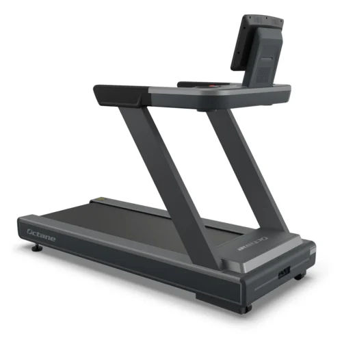 Octane OC100 treadmill front three-quarter view with 10-inch HD touchscreen console