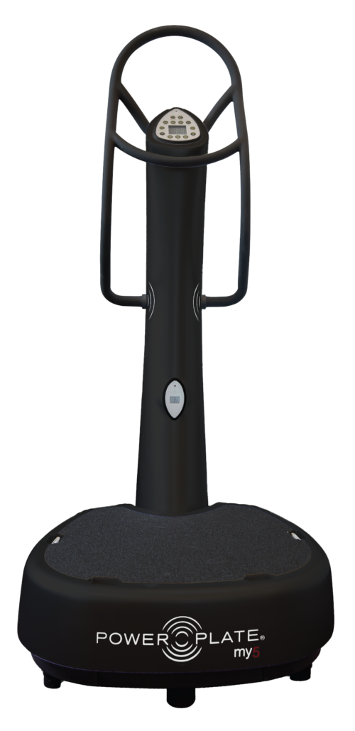 Power Plate my5 whole body vibration platform in black, straight-on front view