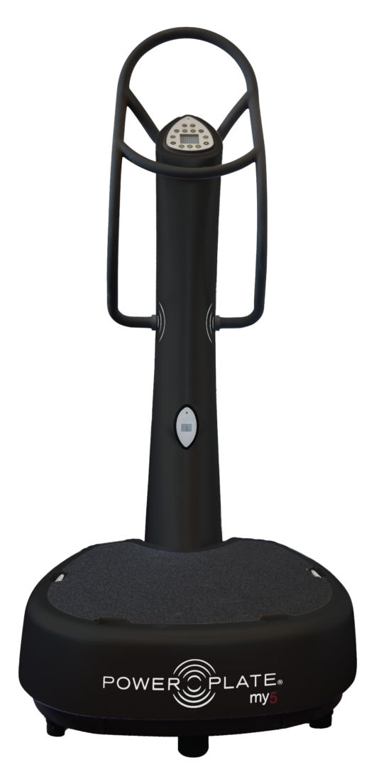 Power Plate my5 whole body vibration platform in black, straight-on front view