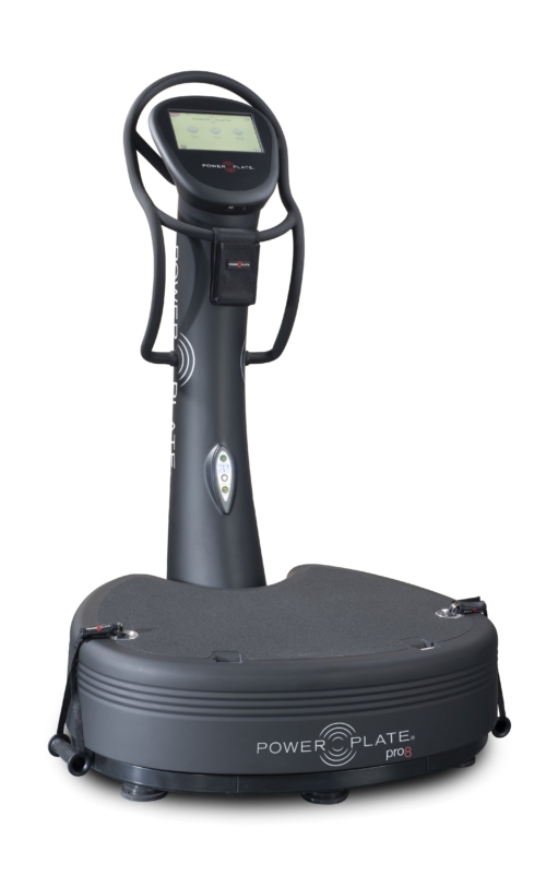 Power Plate pro8 whole body vibration platform, matte black, front three-quarter studio view