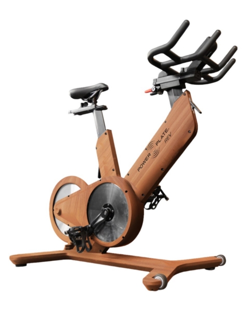 Power Plate REV indoor cycle in wood finish, side view