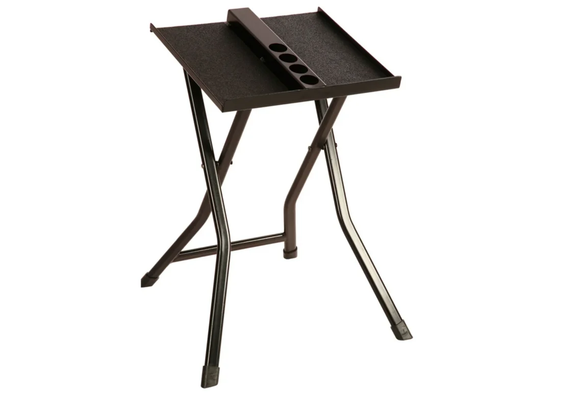 PowerBlock large compact foldable dumbbell stand on a white background, holds adjustable sets up to 90 lb