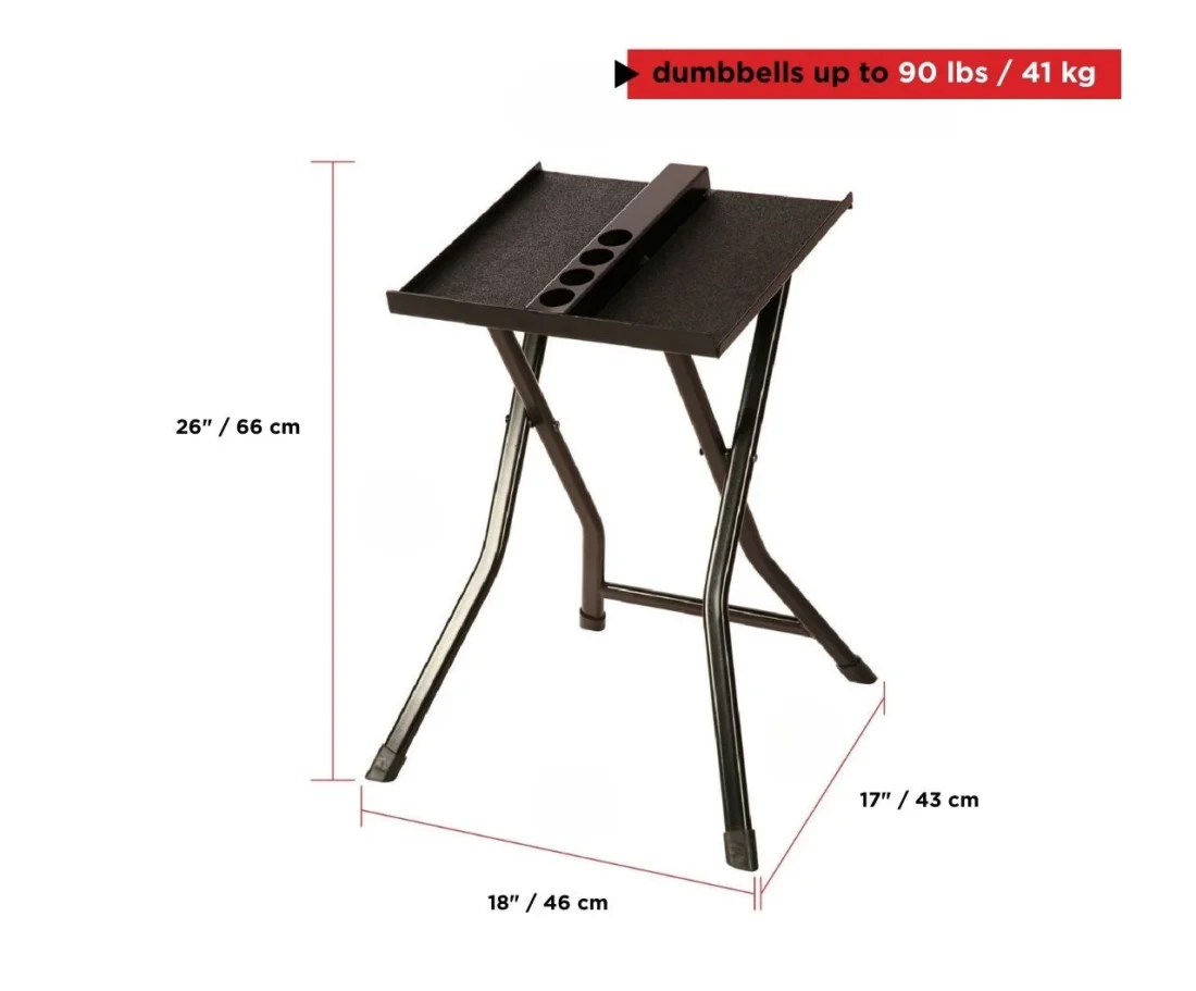 PowerBlock large Compact Stand dimension diagram: 18 inches wide, 17 inches deep, 26 inches high