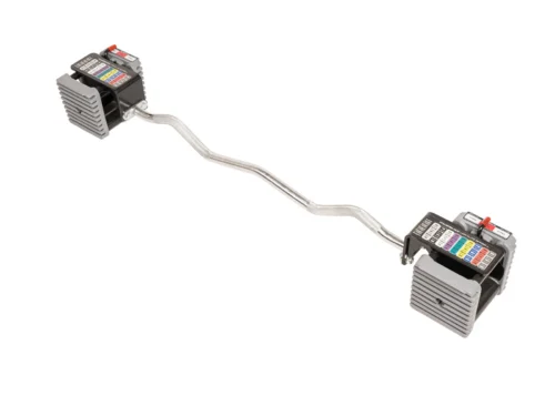 Elite USA EZ Curl Bar attached to PowerBlock Elite USA dumbbells on white