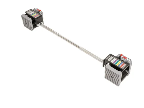Elite USA Straight Bar attached to PowerBlock Elite USA dumbbells on white