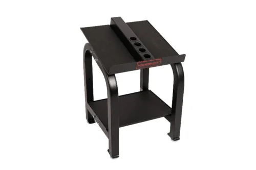 PowerBlock Home Rack dumbbell stand on a white background with a lower storage tray and adder-weight channel