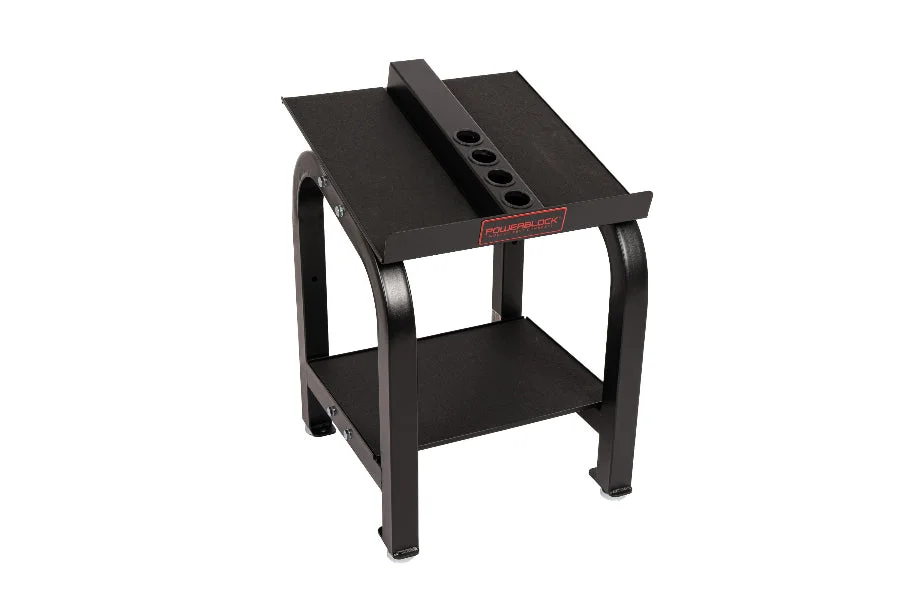PowerBlock Home Rack dumbbell stand on a white background with a lower storage tray and adder-weight channel