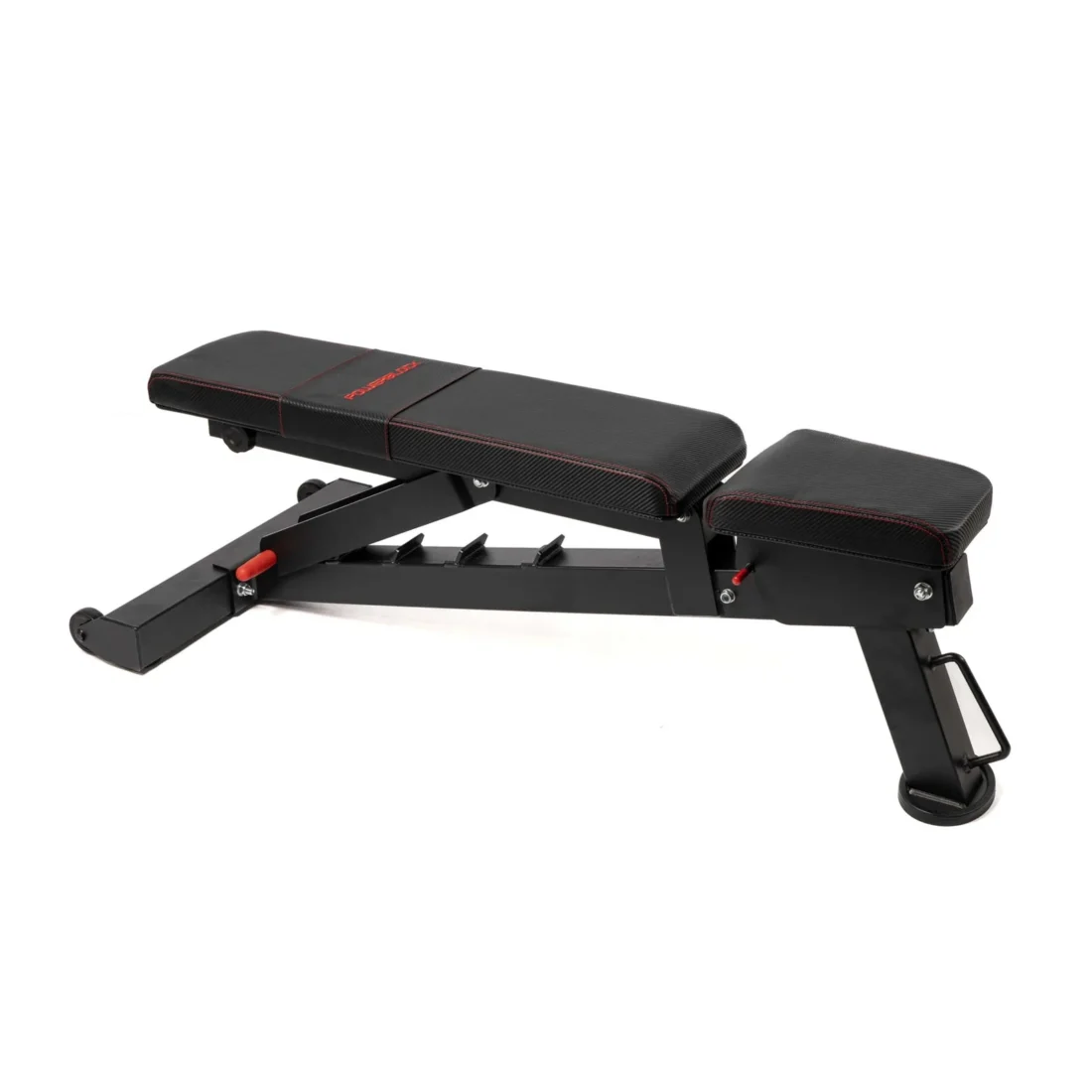 PowerBlock PowerBench 2.0 adjustable weight bench at incline on a white background