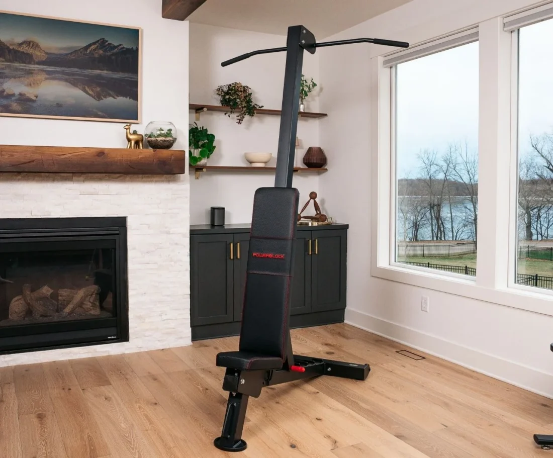 PowerBench 2.0 chin-up attachment set up in a home gym