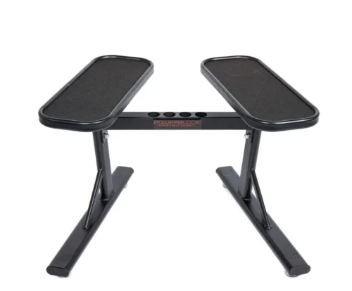 PowerBlock PowerMax 2.0 dumbbell stand on a white background with center micro-weight storage, for sets up to 100 lb