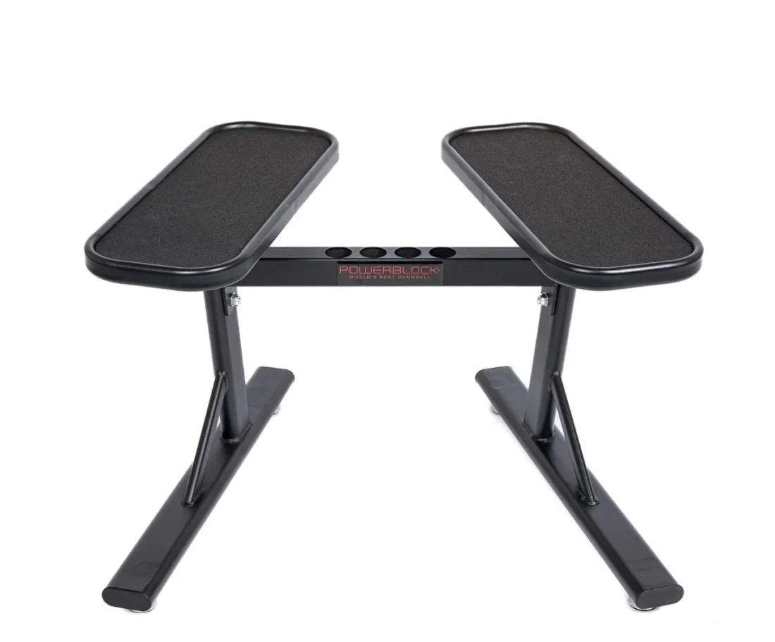 PowerBlock PowerMax 2.0 dumbbell stand on a white background with center micro-weight storage, for sets up to 100 lb