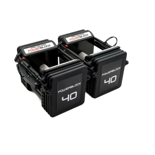 PowerBlock Pro 100 EXP adjustable dumbbells 5-40 lb base pair on white