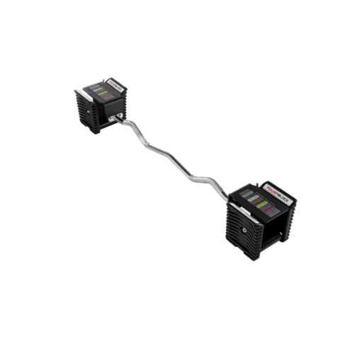 PowerBlock Pro 100 EZ curl bar shown with Pro 100 dumbbells attached on a white background