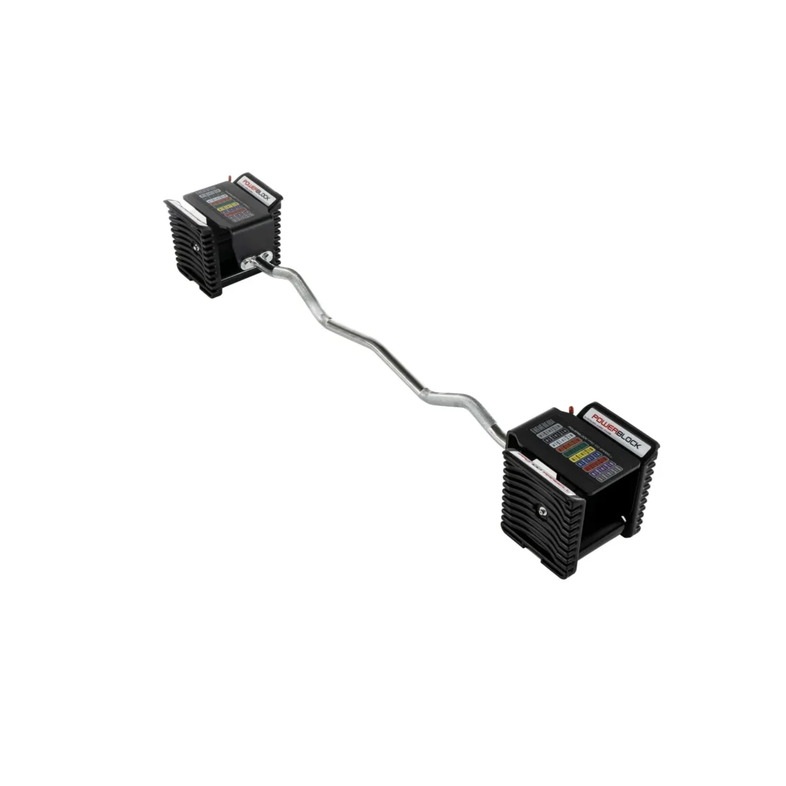PowerBlock Pro 100 EZ curl bar shown with Pro 100 dumbbells attached on a white background