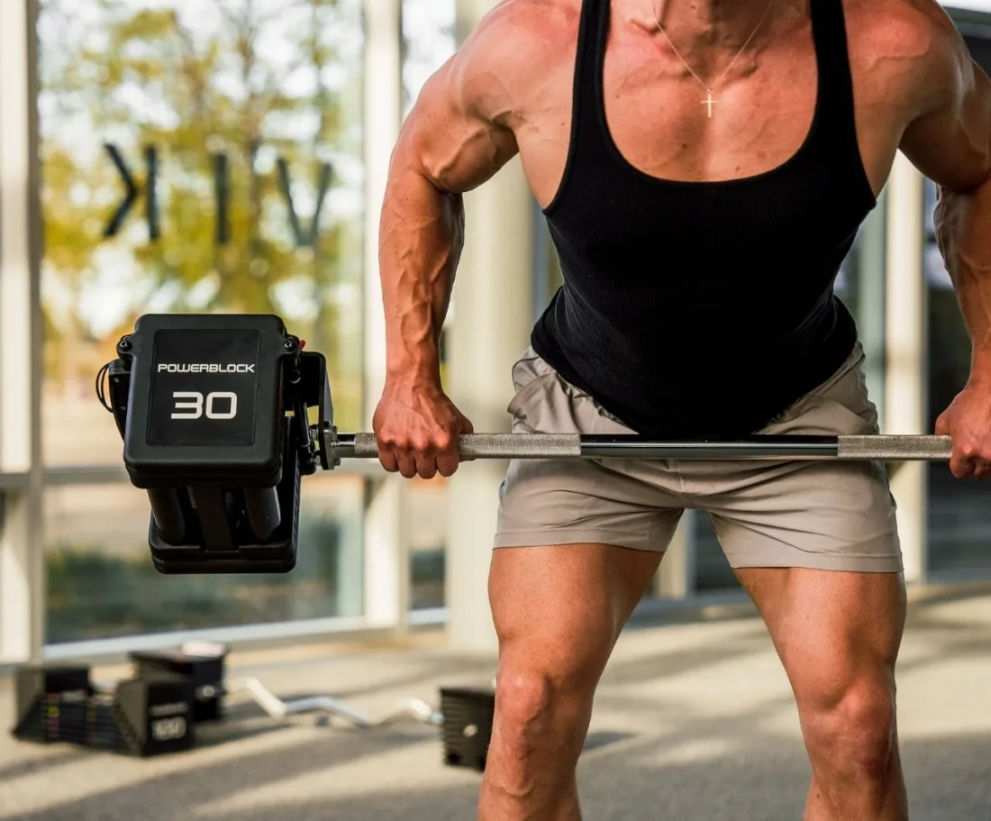 PowerBlock Pro 100 Straight Bar loaded with Pro 100 dumbbells