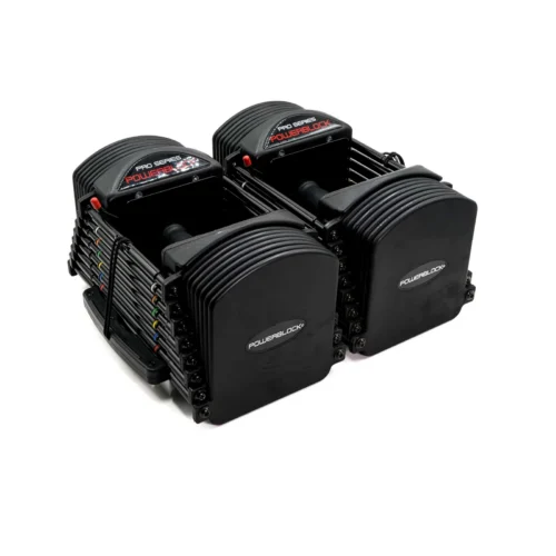 PowerBlock Pro 50 adjustable dumbbells, full 5 to 50 lb pair on a white background