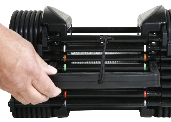 Color-coded weight selector rails on the PowerBlock Pro 50 dumbbell