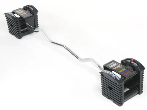 Pro Series EZ Curl Bar attached to PowerBlock Pro adjustable dumbbells on white
