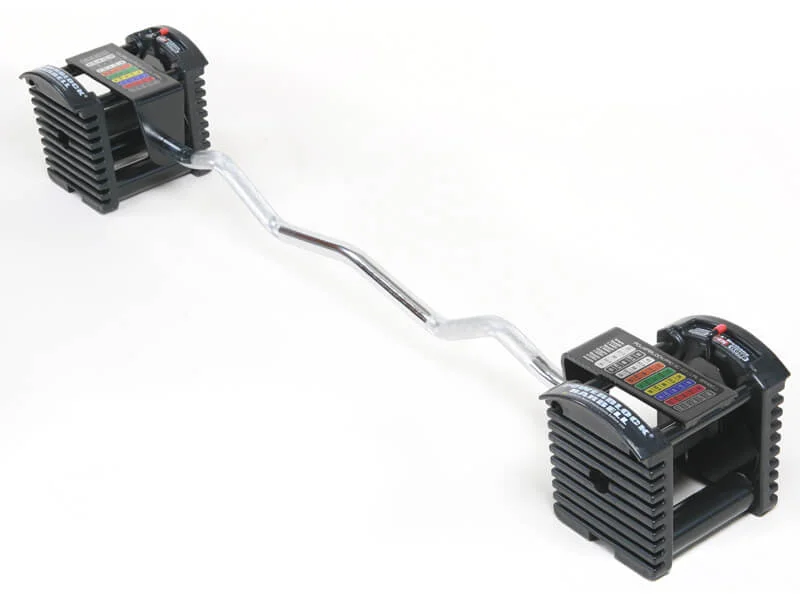 Pro Series EZ Curl Bar attached to PowerBlock Pro adjustable dumbbells on white