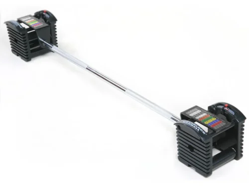 Pro Series Straight Bar attached to PowerBlock Pro adjustable dumbbells on white