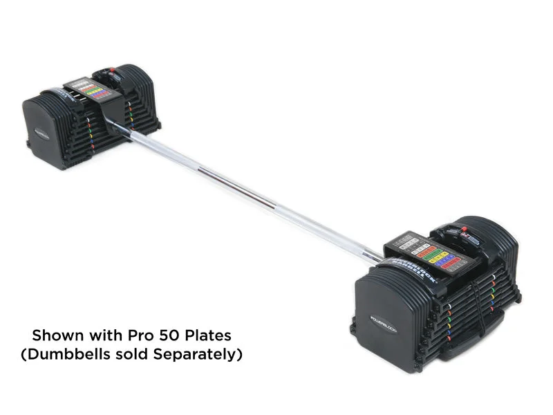 PowerBlock Pro Series Straight Bar loaded with adjustable dumbbell weights