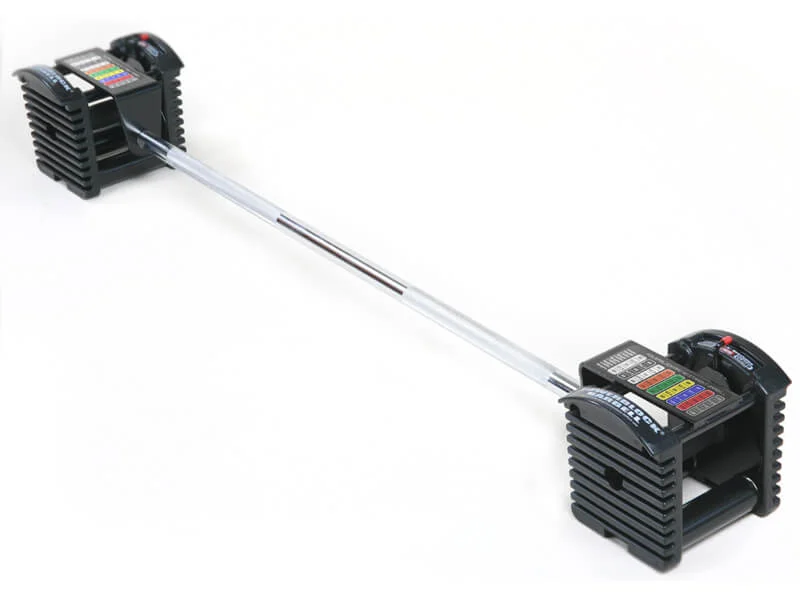 Pro Series Straight Bar attached to PowerBlock Pro adjustable dumbbells on white