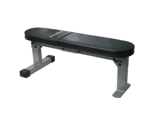 PowerBlock Travel Bench set up flat with legs folded out on a white background