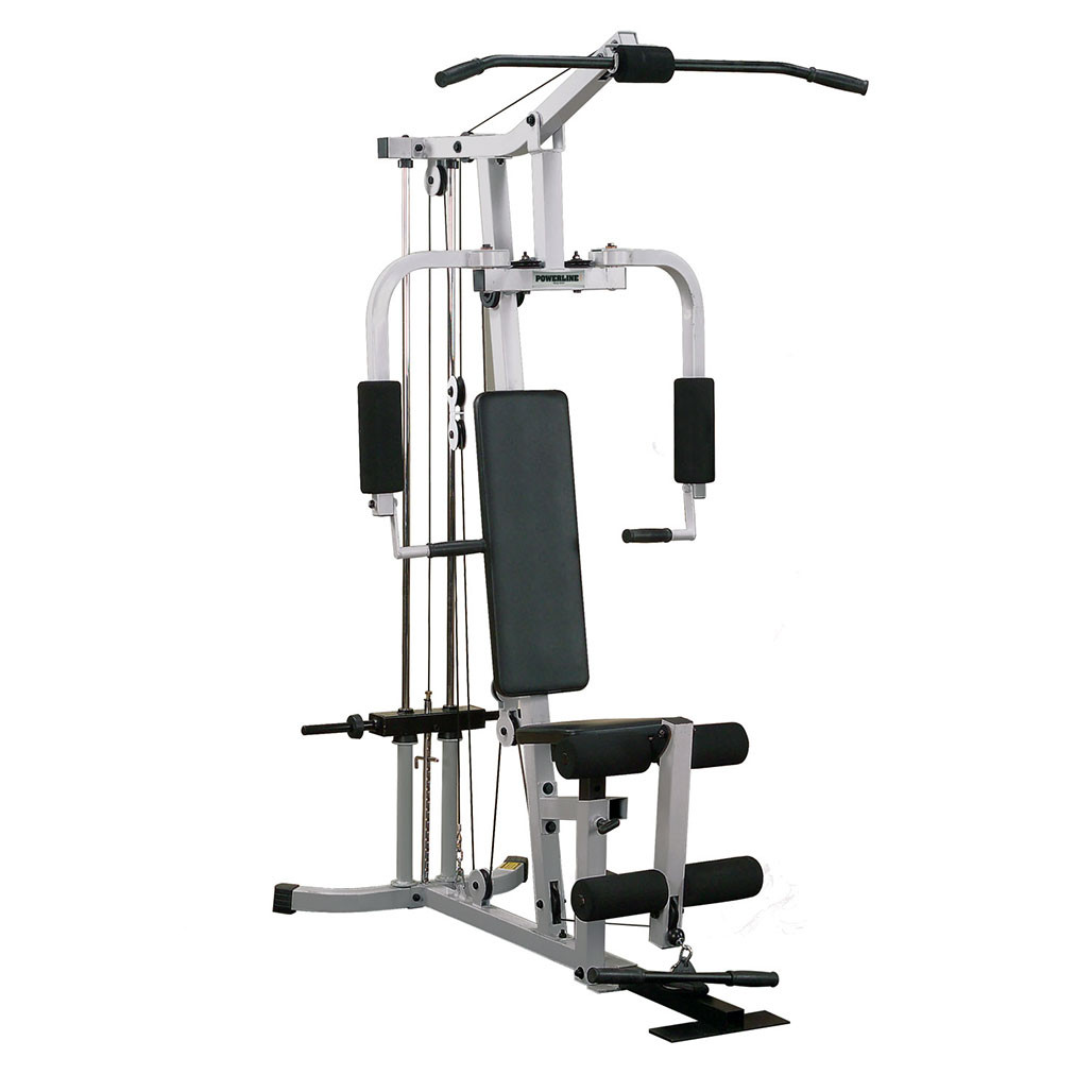 Powerline PHG1000X Hardcore plate-loaded home gym, silver frame, front view