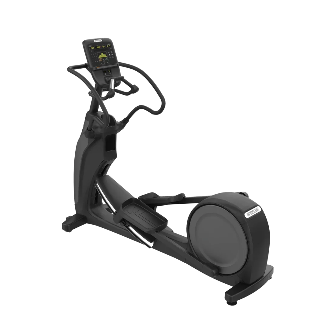 Precor EFX 833 commercial elliptical with fixed handlebars and P31 LED console in Black Pearl – front three-quarter view