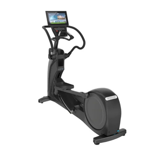Precor EFX 883 commercial elliptical with fixed handlebars and P84 16-inch touchscreen console - left-rear view