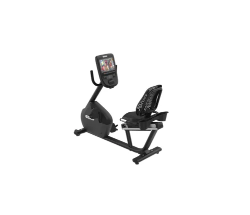 Precor RBK 665 Recumbent Bike commercial recumbent bike with P62 10-inch touchscreen console - three-quarter view