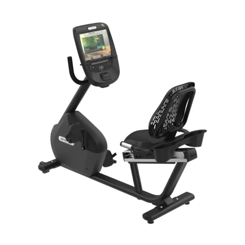 Precor RBK 685 Recumbent Bike commercial recumbent bike with P82 15-inch touchscreen console - three-quarter view