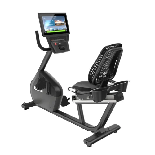 Precor RBK 685 Recumbent Bike commercial recumbent bike with P84 16-inch touchscreen console with Smart Watch Connector - rear-left view