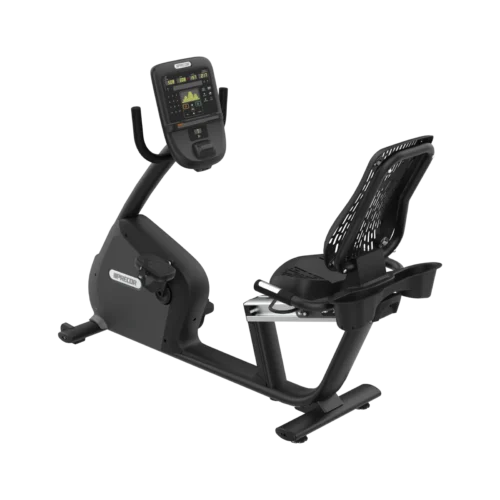 Precor RBK 835 commercial recumbent bike with P31 LED console and ventilated air flex seat in Black Pearl – front three-quarter view