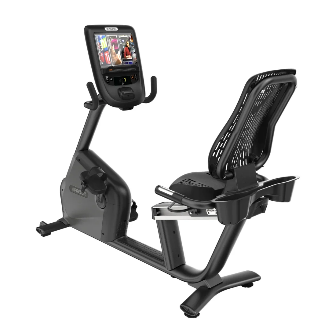 Precor RBK 865 Recumbent Bike commercial recumbent bike with P62 10-inch touchscreen console - rear-left view