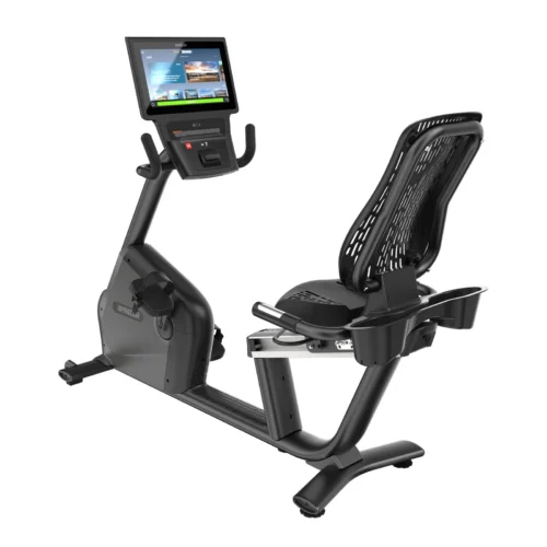 Precor RBK 885 commercial recumbent bike with P84 16-inch touchscreen console - rear-left view