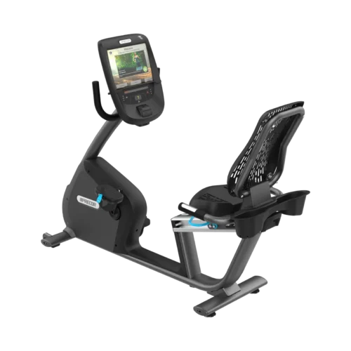 Precor RBK 885 commercial recumbent bike with P82 15-inch touchscreen console and ventilated Air Flex seat – front three-quarter view