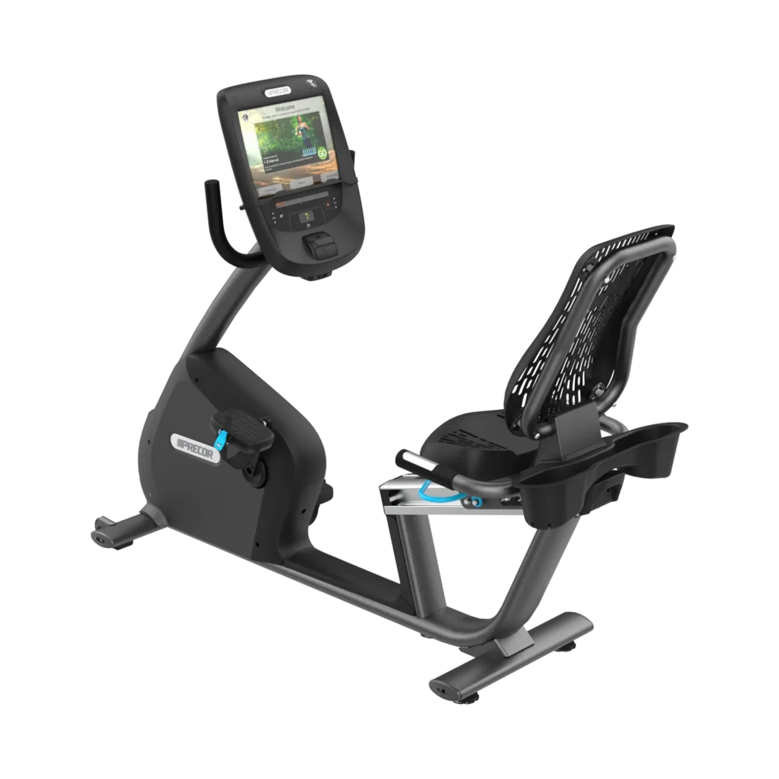 Precor RBK 885 commercial recumbent bike with P82 15-inch touchscreen console and ventilated Air Flex seat – front three-quarter view