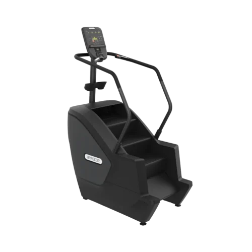 Precor SCL 835 commercial StairClimber with P31 LED console in Black Pearl – rear three-quarter view showing the step mill