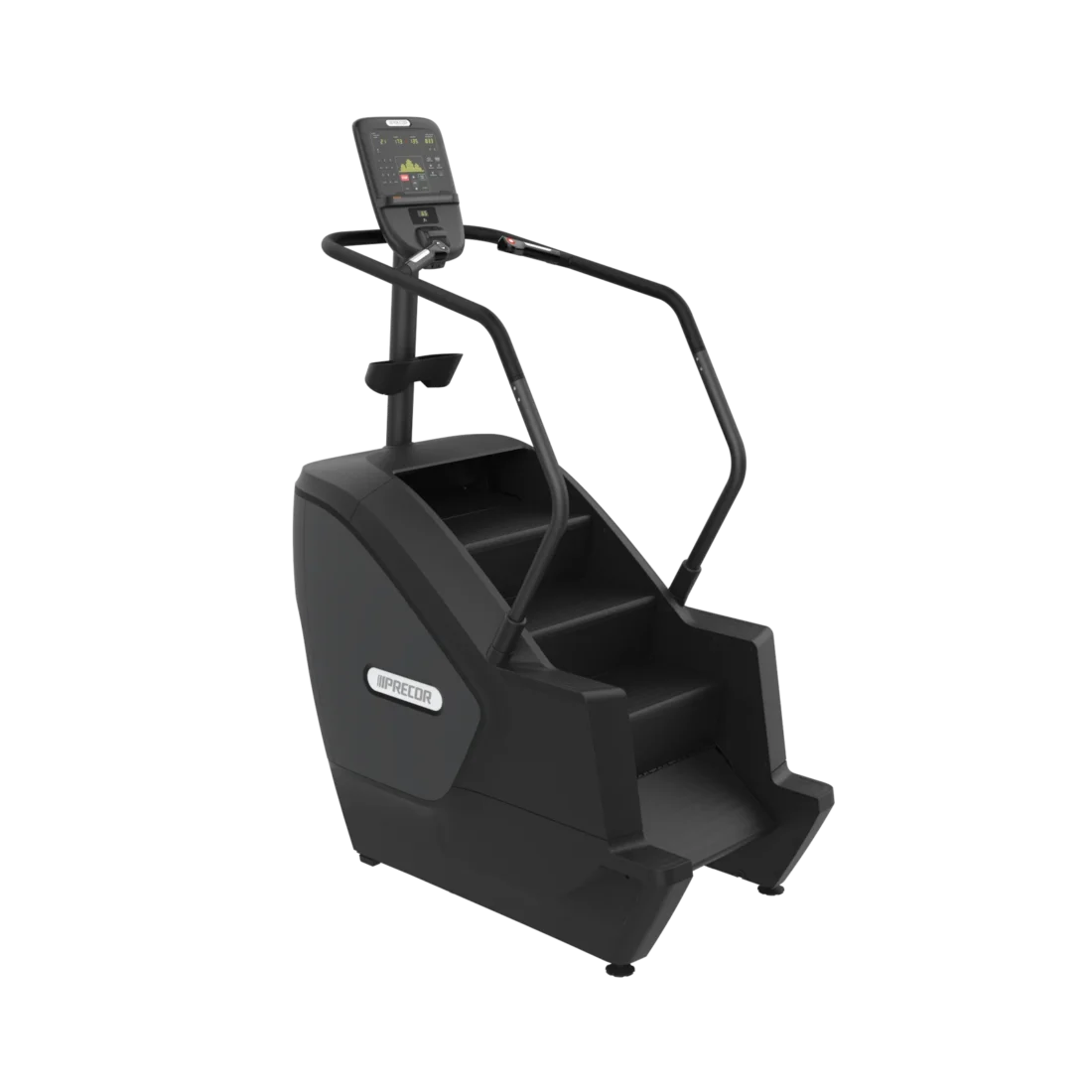 Precor SCL 835 commercial StairClimber with P31 LED console in Black Pearl – rear three-quarter view showing the step mill