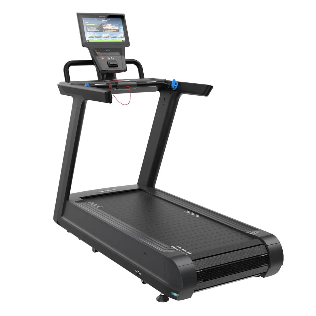 Precor STM 887 Breakaway slat-belt treadmill with P84 16-inch touchscreen console – three-quarter rear view