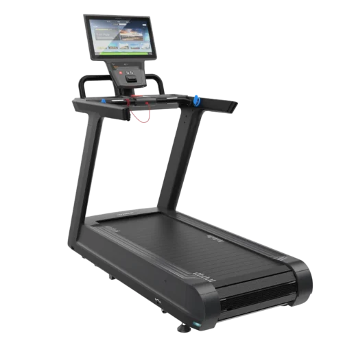 Precor STM 897 Breakaway slat-belt treadmill with P94 22-inch touchscreen console – rear three-quarter view