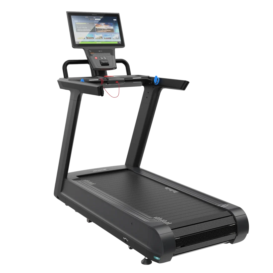 Precor STM 897 Breakaway slat-belt treadmill with P94 22-inch touchscreen console – rear three-quarter view