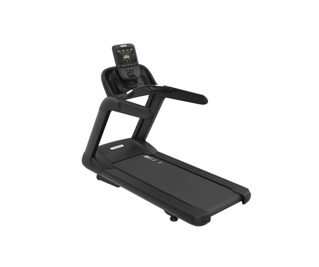 Precor TRM 835 commercial treadmill with P31 LED console in Black Pearl – front three-quarter view
