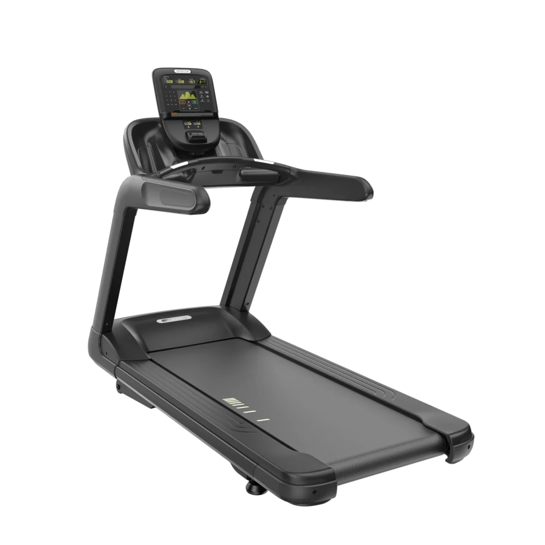 Precor TRM 835 treadmill rear left view showing the 22-inch-wide running deck and P31 LED console